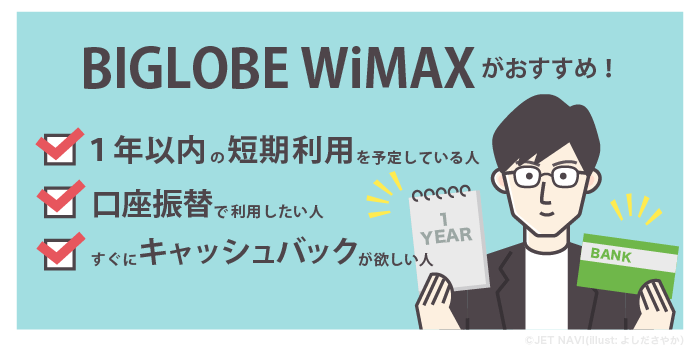 結論として、BIGLOBE WiMAXは、1年以内の短期利用を予定している人、口座振替でWiMAXを契約したい人、すぐにキャッシュバックが欲しい人におすすめ