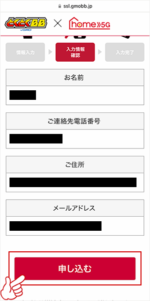 「入力情報確認」のページで入力内容を確認する