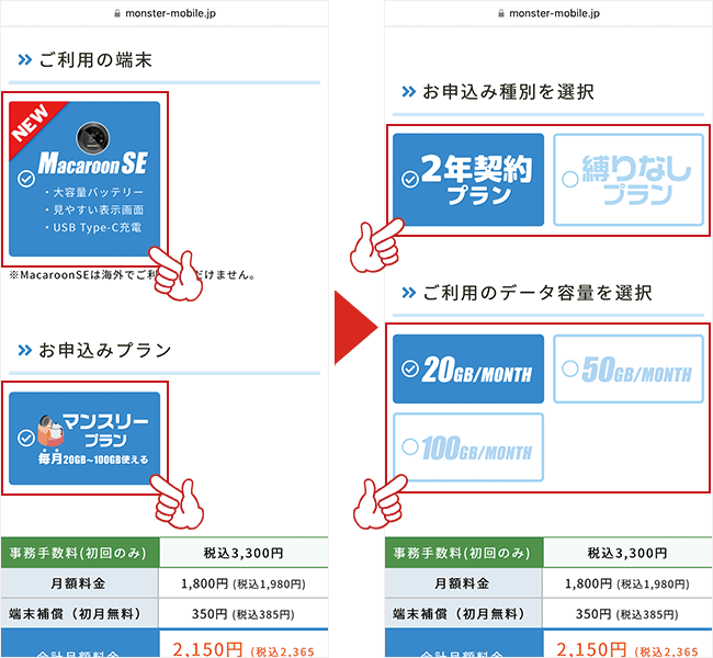 プランとデータ容量を選択する
