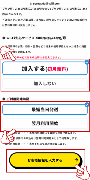 オプションの有無と利用開始日を選択する