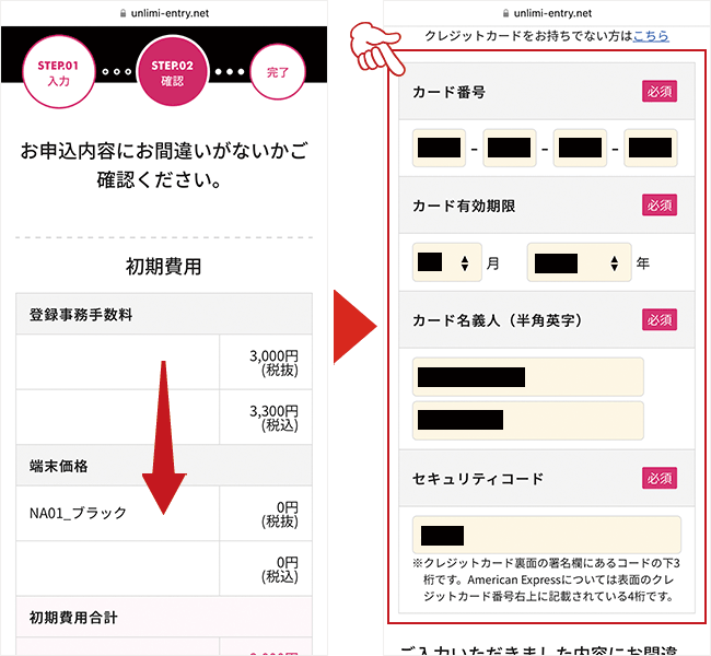 入力内容を確認し、クレジットカードの情報を入力する