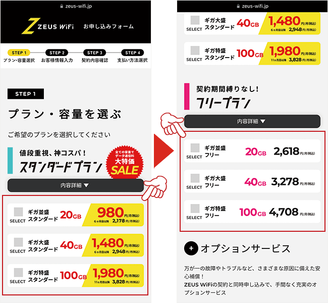 プランと容量を選択する