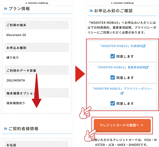 入力内容を確認し、利用規約に同意をする