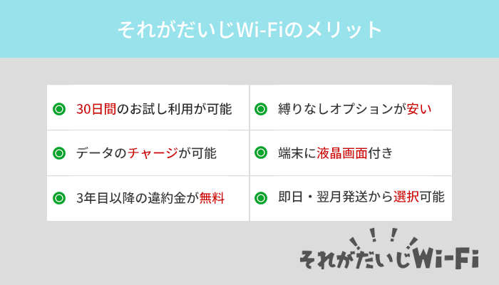 それがだいじWi-Fiと他社を比較したときのメリットはどこ?6つの特徴